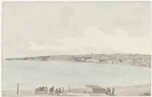 Gezicht op het voorgebergte Pausilype met oude paleis van koningin Jeanne en platteland van Sannazar vanaf het balkon van de herberg