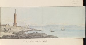 Gezicht op vuurtoren bij havenhoofd te Napels (Voyage en Italie, en Sicile et à Malte - 1778)