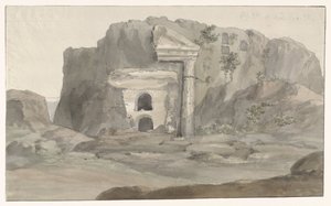 Graven met gevel in Dorische stijl in rots gehouwen in omgeving van Syracuse (Voyage en Italie, en Sicile et à Malte - 1778) door Louis Ducros