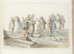 Onderhandeling tussen gids van reisgezelschap en muilezeldrijvers met wie zij naar de Etna gaan door Louis Ducros