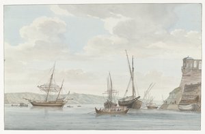 Tuinhuis van de Jardin du Grand Maître uittorend boven de haven met galei schepen op Malta door Louis Ducros