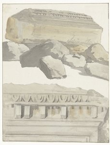 Twee stukken van een architraaf van de antieke tempel in de oude stad Manduria door Louis Ducros