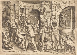 De Smidse van Vulcanus door Louis Elle I after Francesco Primaticcio