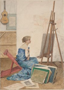 Een schildersatelier met een model gewikkeld in Japanse zijde door Louis Emile Adan