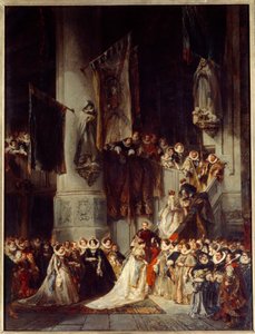 Een ceremonie in de kerk van Delft. Schilderij dat een bruiloft in Nederland in de 16e eeuw voorstelt door Louis Eugene Gabriel Isabey