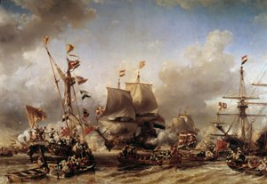 Anglo-Nederlandse Oorlog: Inscheping van de Nederlandse admiraal Michel Adrien Ruyter (1607-1676) en Willem de Witt voor de Slag bij Texel door Louis Eugene Gabriel Isabey