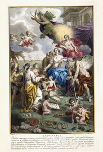 Industrie, frontispice uit "Locupletissimi Rerum Naturalium Thesauri Accurata Descriptio", 1734-1765 door Louis Fabricius Dubourg
