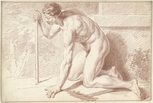 Mannelijk naakt, knielend, met stok, naar links door Louis Fabritius Dubourg
