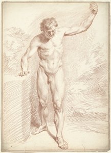 Mannelijk naakt, staand, de linkerarm geheven
