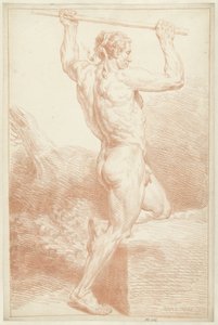 Studie van een mannelijk naakt, op één knie, met een stok boven het hoofd door Louis Fabritius Dubourg