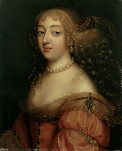 Portret van een dame, vermoedelijk Laura Mancini, hertogin van Mercoeur, buste lengte, in een rode jurk, met een parelketting en oorbellen door Louis Ferdinand Elle