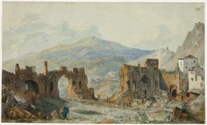 Het antieke theater in Taormina met uitzicht op de Etna, studie voor Saint Non