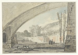 Doorzicht onder een brug naar terrassen en een trap door Louis Gabriel Moreau