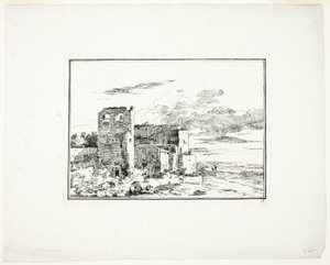Verwoeste gebouwen bij een rivieroever, plaat 9 uit Quatrieme suite de paysages dessinés et grave a l