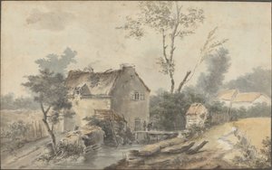 Molen met brug en figuren