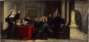 Sint Scholastica verkrijgt regen en donder uit de hemel om te voorkomen dat Sint Benedictus haar verlaat