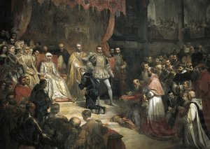 De abdicatie van Karel V ten gunste van zijn zoon Filips II door Louis Galna