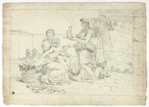 Heilige familie met engel die een waterkan draagt (recto); rechterhelft van schets voor Lunette (verso)