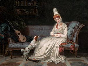 Portret van Elizabeth, Lady Webster, later Lady Holland, in een witte jurk met haar spaniël Pierrot, ca. 1795 door Louis Gauffier