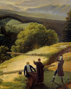 Drie reizigers in een landschap