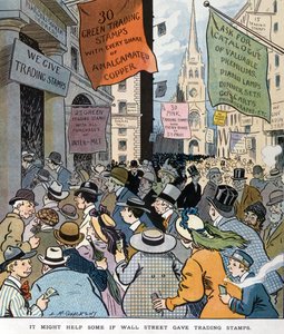 Het zou kunnen helpen als Wall Street handelspostzegels gaf door Louis Glackens 1866-1933, kunstenaar. Gepubliceerd in 1907.