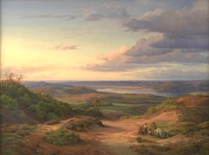 Een landschap bij Himmelbjerget, Jutland. Op de voorgrond een zigeunerfamilie door Louis Gurlitt