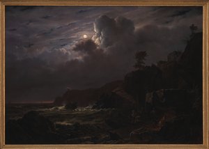 Uitzicht op Kullen in Zweden. Smokkelaars verbergen hun goederen tussen de rotsen. Maanlicht door Louis Gurlitt