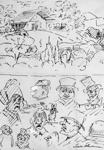 Landschap met gebouw (boven) en karikatuurkopstudies (onder) door Louis H. Sullivan