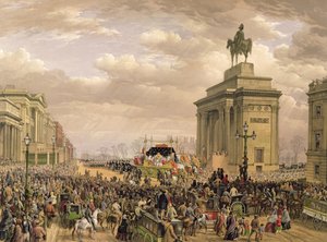 Begrafenis van de hertog van Wellington, de begrafeniswagen passeert de poort bij Apsley House, 18 november 1852, gegraveerd door Thomas Picken, gepubliceerd door Ackermann en Day, 1853