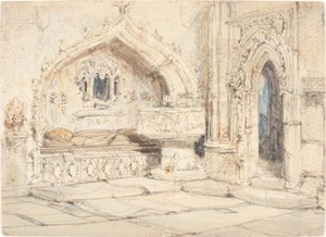 Interieur van een kerk met een muurgraf en middeleeuwse doopvont