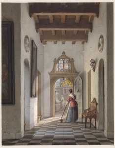 Meid die de gang van een huis veegt door Louis Henri de Fontenay
