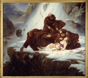 De religieuzen in het hospice van Saint Gotthard geven hulp aan door bandieten getroffen families door Louis Hersent