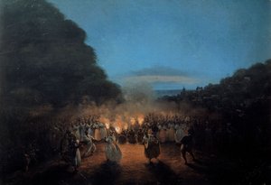 De Bamboula danst eens bamboe (of stokken) in de West-Indische Eilanden. Zwarte slaven dansscène in het licht van fakkels