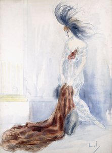 Elegante Dame met Gevederde Hoed en Bontjas door Louis Icart