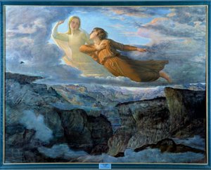 Het gedicht van de ziel; Het ideaal, een jonge vrouw opgeheven in de lucht boven een berglandschap en vergezeld door een muze in een lyrische sfeer. Lyon, Musee Des Beaux Arts door Louis Janmot