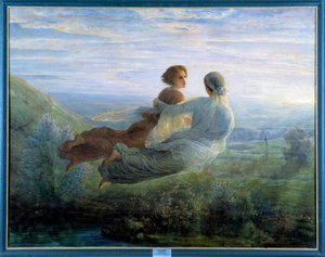 Het gedicht van de ziel; De vlucht van de ziel, een jonge vrouw opgeheven in de lucht boven een groen landschap en vergezeld door een muze in een lyrische sfeer. Lyon, Musee Des Beaux Arts
