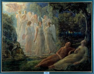 Het gedicht van de ziel; De gouden ladder, scène met een lyrische sfeer, bevolkt met engelen en de figuur van God