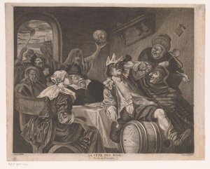 Feestend gezelschap met een drinkende man met kroon door Louis Jaugey