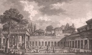 Ideale reconstructie van Villa van Diomedes in Pompeii naar de oorspronkelijke staat voor de vulkaanuitbarsting van de Vesuvius in 79 na Christus, Campania, Italië, ets naar tekening van Louis Jean Desprez (1743-1804)