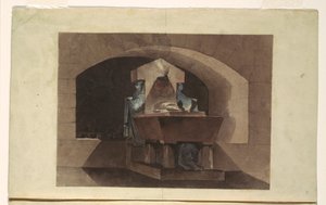 Tekening, Graf in Egyptische stijl met kariatiden en een leeuw, ca. 1779-84