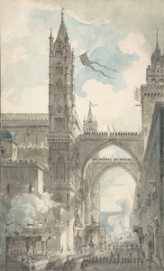 Gezicht op de poort en hoofdingang van de kathedraal van Palermo tijdens het festival door Louis Jean Desprez