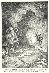 Een kleine zwarte dwerg werd gezien die zijn weg baande door het midden van het blauwe licht (litho) door Louis John Rhead