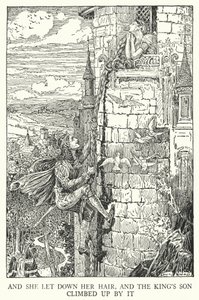 En ze liet haar haar zakken, en de zoon van de koning klom omhoog (litho) door Louis John Rhead
