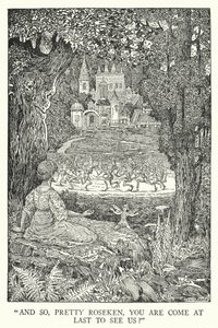"En zo, lieve Roseken, ben je eindelijk gekomen om ons te zien?" (litho) door Louis John Rhead