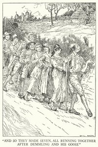 "En zo maakten ze zeven, allemaal rennend achter Duimelot en zijn gans aan" door Louis John Rhead