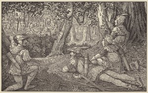 Een groep boswachters en twee gevangenen bespied door Louis John Rhead