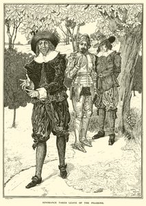 Onwetendheid neemt afscheid van de pelgrims (gravure) door Louis John Rhead