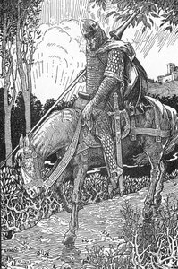 Mordred (Modred) gewond na de slag bij Camlann tegen zijn vader Koning Arthur (Mordred gewond na de slag bij Camlann) Illustratie door Louis Rhead (1858-1926) uit “Koning Arthur en zijn ridders” 1923 Privécollectie