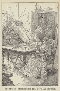 Petruchio vermaakt zijn vrouw tijdens het diner door Louis John Rhead