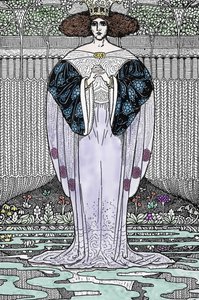 Voorstelling van de Dame van het Meer (Nimue, Viviane) Illustratie door Louis Rhead (1858-1926) voor “Koning Arthur en zijn ridders”